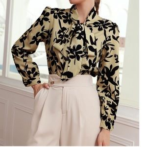 New, Plants Print Tie Neck Puff Sleeve Blouse, size L(8-10)